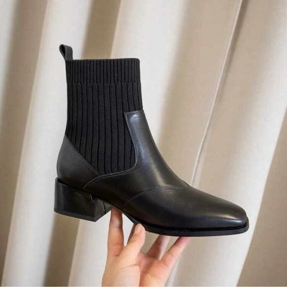 Women's Genuine Leather Square Toe Ankle Boots with Chunky Heel - Winter Knitted - Picture 8 of 16